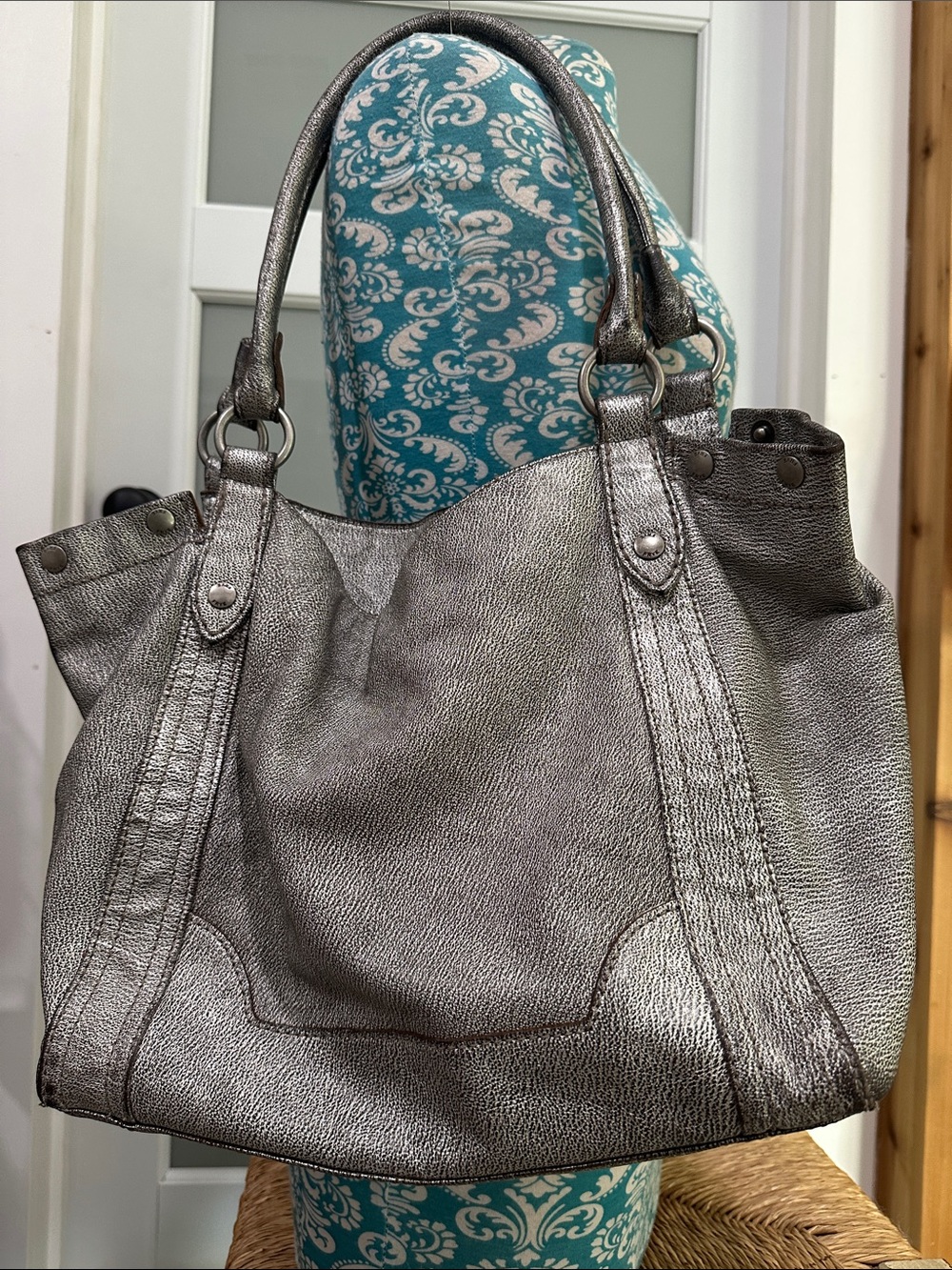 Frye Melissa Metallic Silver medium Leather Satchel with dust bag